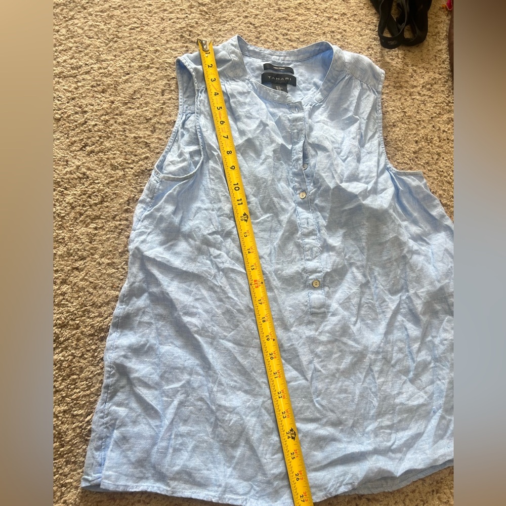 Tahari  Power Blue Linen Sleeveless Shirt Top Blouse Beach Coastal resort sz M - Picture 9 of 11